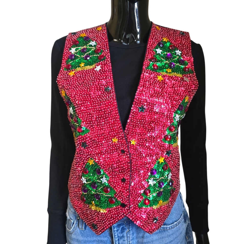 Vintage 90s JC Christmas Tree Sequin and Jewel Vest | Size Small - Picture 17 of 17